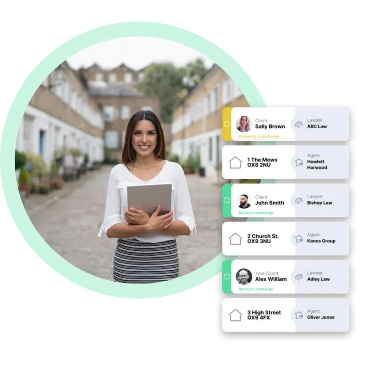 Estate agent posing in front of terraced neighbourhood with a screenshot of sales progression outsourcing platform in the foreground. 